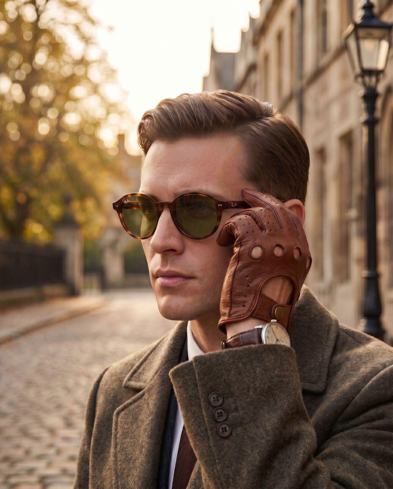 Cinematic portrait — man in tweed coat wearing the Ray-Ban sunglasses on a cobblestone street at golden hour
