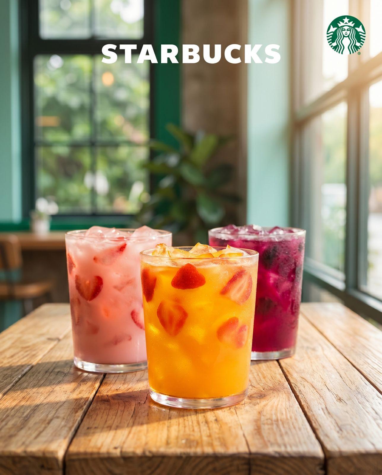Brandminds editorial shot — Starbucks Refreshers contextually staged in a sunlit café window